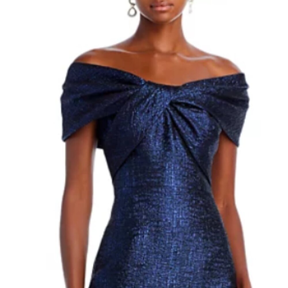 Rickie Freeman for Teri Jon Navy Off-Shoulder Twist Bodice Evening Dress